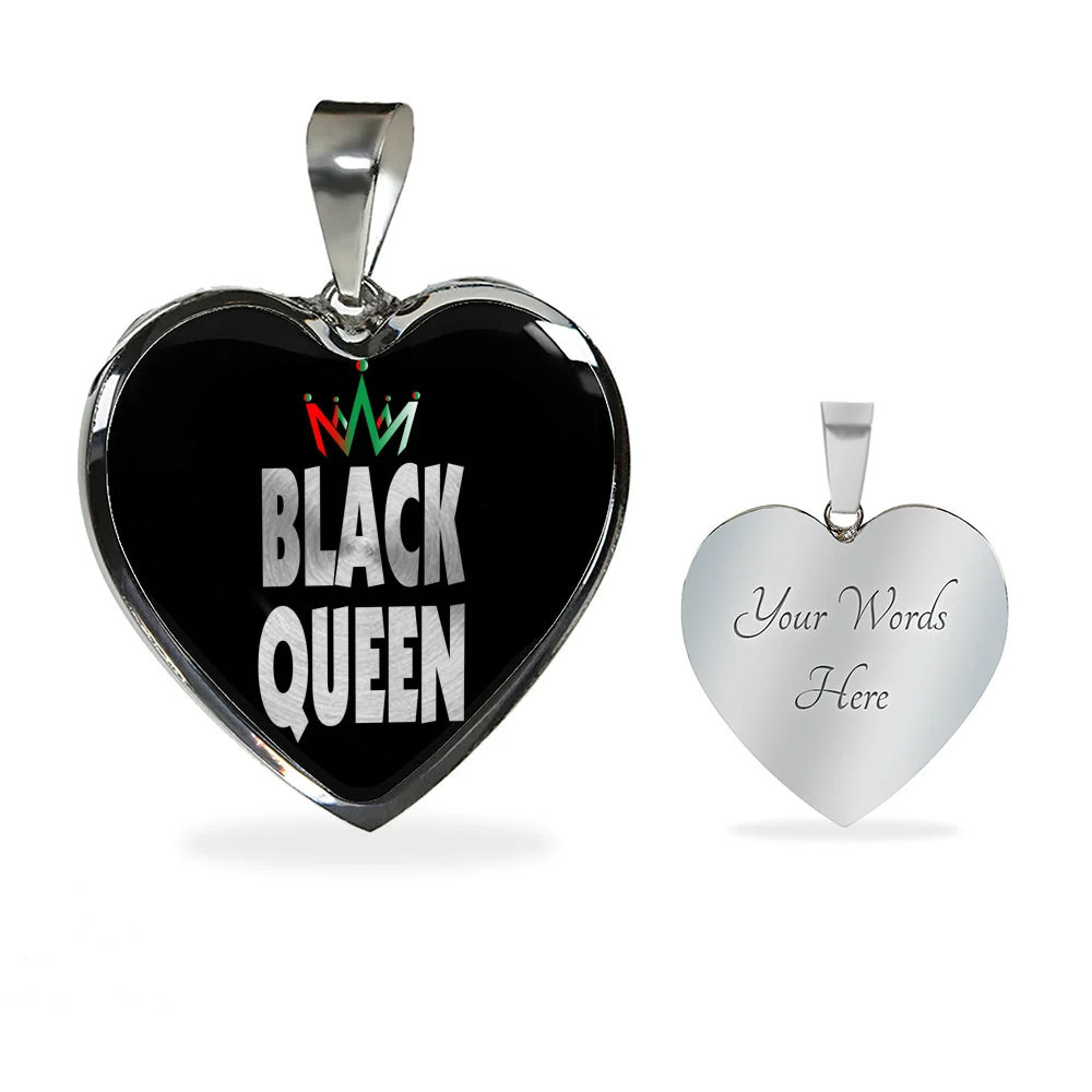 Black Queen Black Pride Heart Pendant Necklace Personalized Engraved Silver Hea